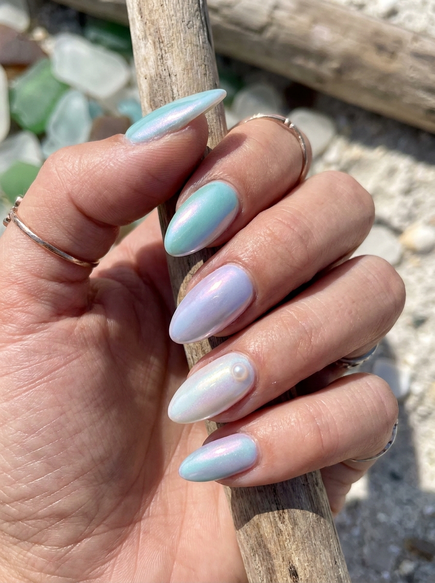 Opal Mermaid Chrome Nails mit irisierendem Farbwechsel